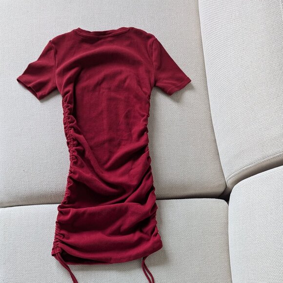 ZARA Oxblood/Burgundy Red Ruched Mini Bodycon Dress, Size M - Picture 3 of 9